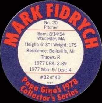 1978 Papa Gino's Discs #32 Mark Fidrych Back