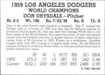 1980 TCMA 1959 Los Angeles Dodgers Black & White #028 Don Drysdale Back