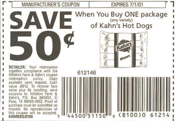 2000 Kahn's Cincinnati Reds #NNO Coupon - Hot Dogs Back