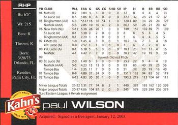 2003 Kahn's Cincinnati Reds #NNO Paul Wilson Back