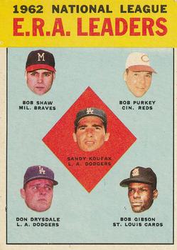 1963 Topps #5 1962 National League E.R.A. Leaders (Sandy Koufax / Bob Shaw / Bob Purkey / Don Drysdale / Bob Gibson) Front