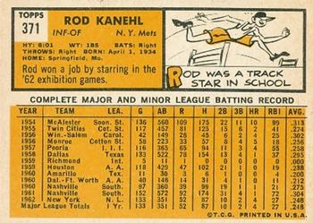 1963 Topps #371 Rod Kanehl Back