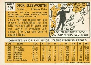 1963 Topps #399 Dick Ellsworth Back