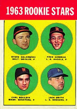 1963 Topps #496 1963 Rookie Stars (Steve Dalkowski / Fred Newman / Carl Bouldin / Jack Smith) Front