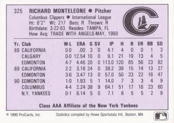 1990 ProCards AAA #325 Rich Monteleone Back