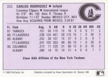 1990 ProCards AAA #333 Carlos Rodriguez Back