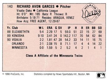 1990 ProCards A and AA #140 Rich Garces Back