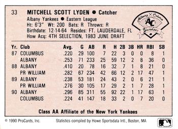 1990 ProCards A and AA #33 Mitch Lyden Back