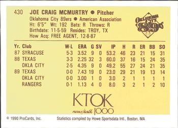 1990 ProCards #430 Craig McMurtry Back