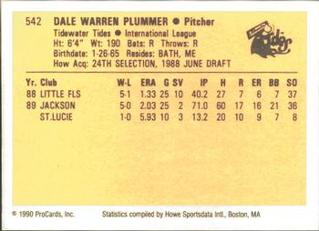 1990 ProCards #542 Dale Plummer Back