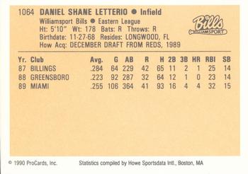 1990 ProCards #1064 Shane Letterio Back