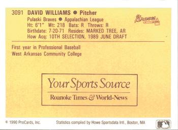 1990 ProCards #3091 David Williams Back