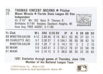 1991 ProCards Florida State League All-Stars #FSL25 Tom Michno Back