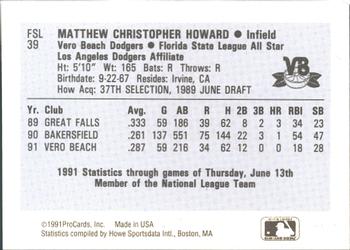 1991 ProCards Florida State League All-Stars #FSL39 Matt Howard Back