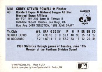 1991 ProCards Midwest League All-Stars #MWL48 Corey Powell Back