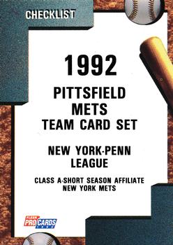 1992 Fleer ProCards #3313 Pittsfield Mets Checklist Front