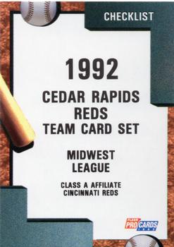 1992 Fleer ProCards #1090 Cedar Rapids Reds Checklist Front