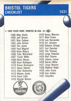 1992 Fleer ProCards #1431 Bristol Tigers Checklist Back