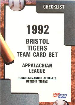 1992 Fleer ProCards #1431 Bristol Tigers Checklist Front