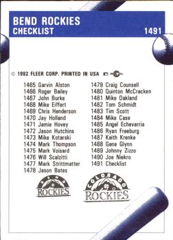 1992 Fleer ProCards #1491 Bend Rockies Checklist Back