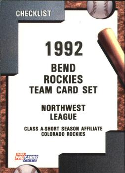 1992 Fleer ProCards #1491 Bend Rockies Checklist Front