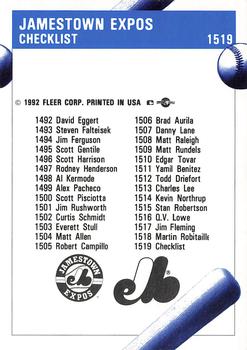 1992 Fleer ProCards #1519 Jamestown Expos Checklist Back