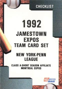 1992 Fleer ProCards #1519 Jamestown Expos Checklist Front