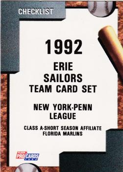 1992 Fleer ProCards #1643 Erie Sailors Checklist Front