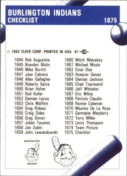 1992 Fleer ProCards #1675 Burlington Indians Checklist Back