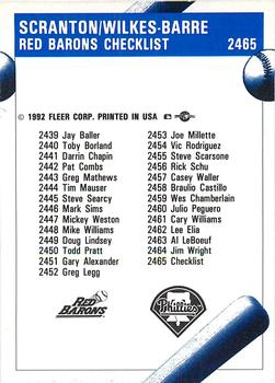 1992 Fleer ProCards #2465 Scranton/Wilkes-Barre Red Barons Checklist Back