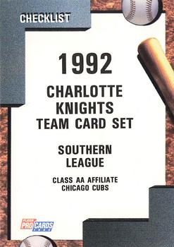 1992 Fleer ProCards #2788 Charlotte Knights Checklist Front