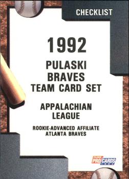 1992 Fleer ProCards #3200 Pulaski Braves Checklist Front