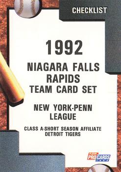 1992 Fleer ProCards #3345 Niagara Falls Rapids Checklist Front