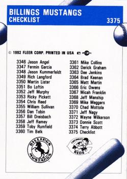 1992 Fleer ProCards #3375 Billings Mustangs Checklist Back