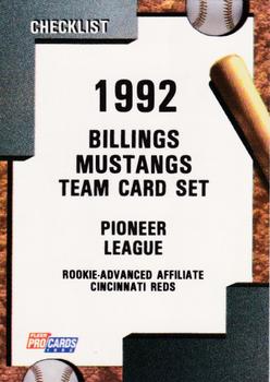 1992 Fleer ProCards #3375 Billings Mustangs Checklist Front