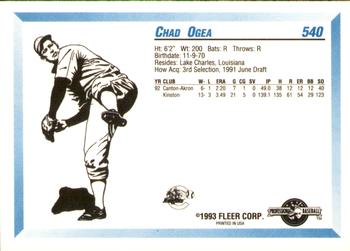 1993 Fleer ProCards #540 Chad Ogea Back