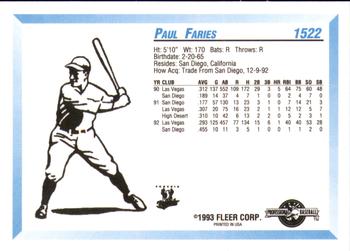 1993 Fleer ProCards #1522 Paul Faries Back