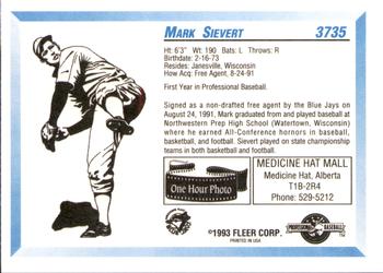 1993 Fleer ProCards #3735 Mark Sievert Back