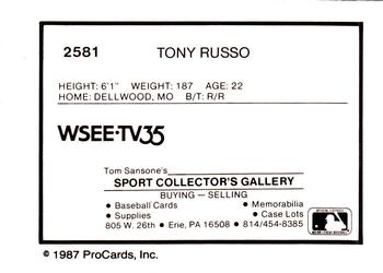 1987 ProCards #2581 Tony Russo Back