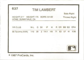 1987 ProCards #637 Tim Lambert Back