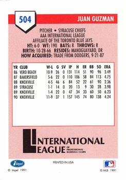 1991 Line Drive AAA #504 Juan Guzman Back