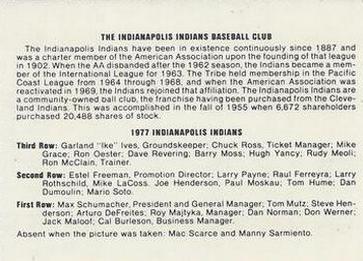 1977 Indianapolis Indians #1 Team Photo Back
