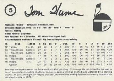 1977 Indianapolis Indians #5 Tom Hume Back