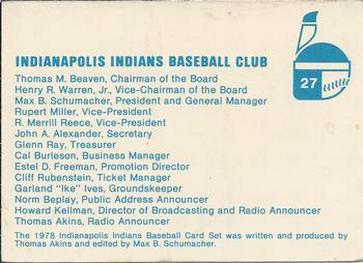 1978 Indianapolis Indians #27 Checklist Back