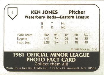 1981 TCMA Waterbury Reds #4 Ken Jones Back