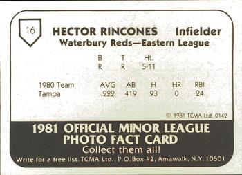 1981 TCMA Waterbury Reds #16 Hector Rincones Back
