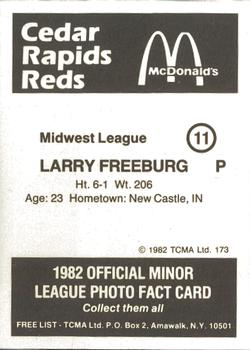 1982 TCMA Cedar Rapids Reds #11 Larry Freeburg Back