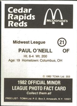 1982 TCMA Cedar Rapids Reds #21 Paul O'Neill Back