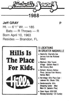 1988 Nashville Sounds #10 Jeff Gray Back