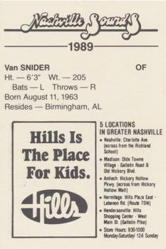 1989 Hills Nashville Sounds #NNO Van Snider Back
